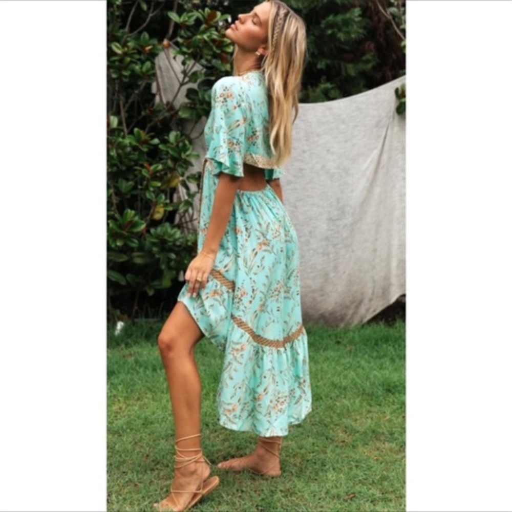 SOLD OUT Boho Turquoise Fields Gypsy Cut Out Maxi Dress - Picture 4 of 6